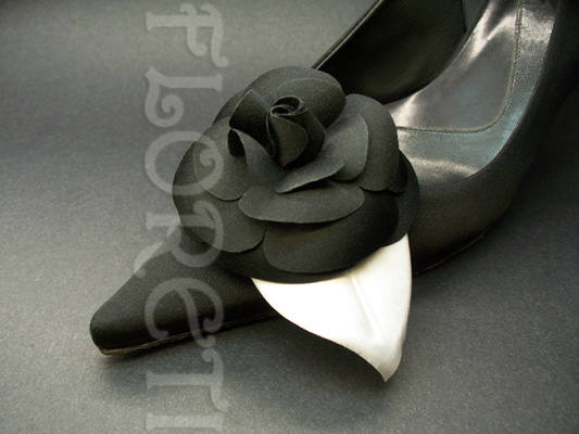 Satin Black White Camellia Shoe Clips Japonica Flower Bridal, Set of 2