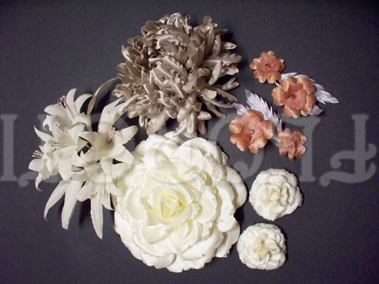 Ivory Rose Set, Ivory Lily Barrette, Seashell Mum Pin, Golden Apricot n Silver Shoe Clips