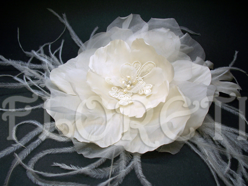 Couture Ivory Silk Dupioni Handmade Bridal Sash n Rose Poppy Flower Pin Fascinator
