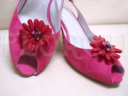 Bridal Small Red Gerbera Daisy Shoe Clips w Pearls Crystals